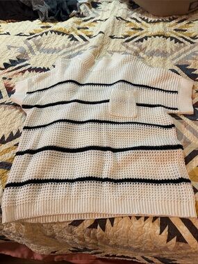 White Knit Short-Sleeve Sweater with Black Stripes